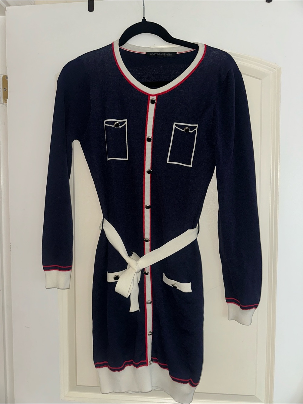 Bottega Veneta Authentic Navy Knit Button-Cardigan Dress with Red White Trim